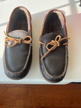 LL Bean Slippers Mens 10M Wicked Good Moccasin Brown Leather Slip On Plaid 10